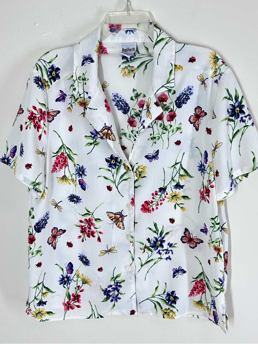 VTG BonWorth White Floral Butterfly Short Sleeve Shirt Cottagecore Small Petite